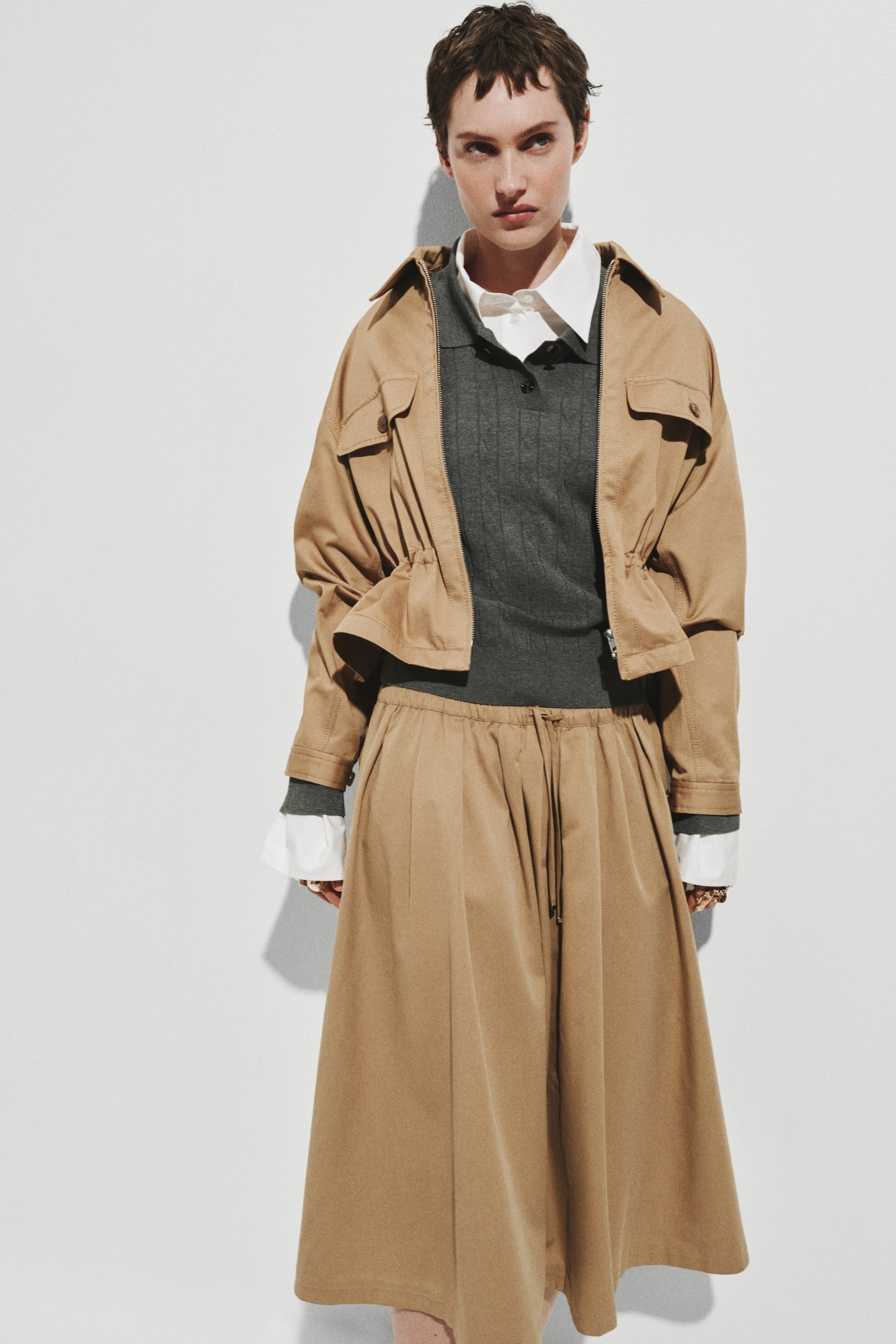 Pleated Twill Skirt - Beige