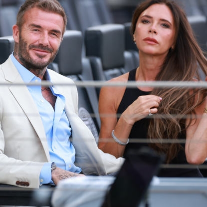 Co-owner David Beckham of Inter Miami CF and wife Victoria Beckham react prior to the Leagues Cup 2023 match between Inter Miami CF and Atlanta United at DRV PNK Stadium on July 25, 2023