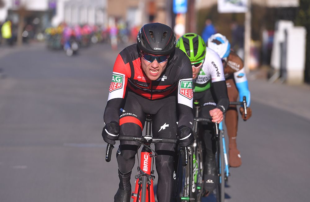 Julien Duval (AG2R La Mondiale) and Julien Vermote (Dimension Data), joined by Loic Vliegen (BMC Racing) at Kuurne-Brussel-Kuurne 2018