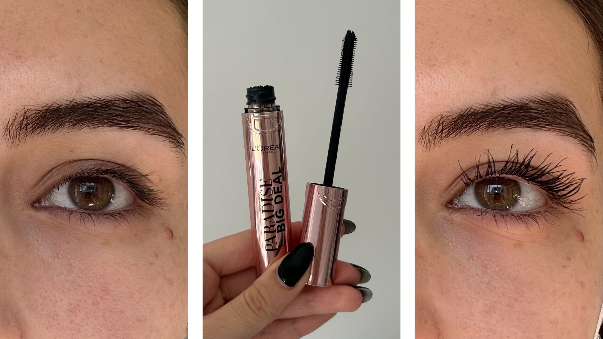 Collage showing before and after pictures of the L'Oreal Paris Paradise Big Deal Mascara
