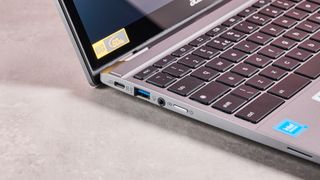 Close-up of left ports on Acer Chromebook Spin 312, on desk