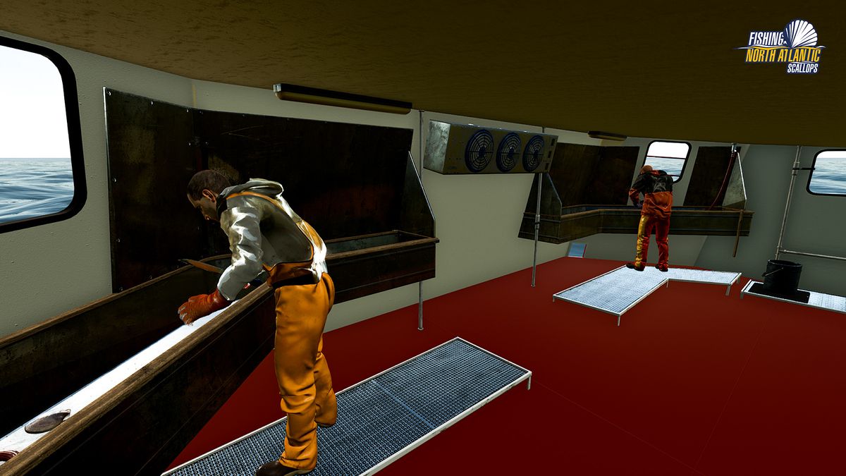 A screenshot from the game Fishing: North Atlantic's Scallops expansion. There are boats and scallops.