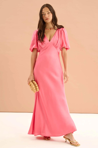 Rosie Ruched Puff Sleeve Dress in Hot Pink 6