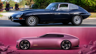 Top image shows a 1963 dark blue Jaguar e type car driving on an English country road, bottom image shows Jaguar's 2024 prototype with pink background