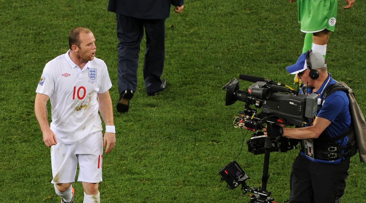 England&#039;s Wayne Rooney talks to a TV camera after the 0-0 draw between England and Algeria in the group stage of the 2010 FIFA World Cup on 18 June, 2010 in Cape Town, South Africa