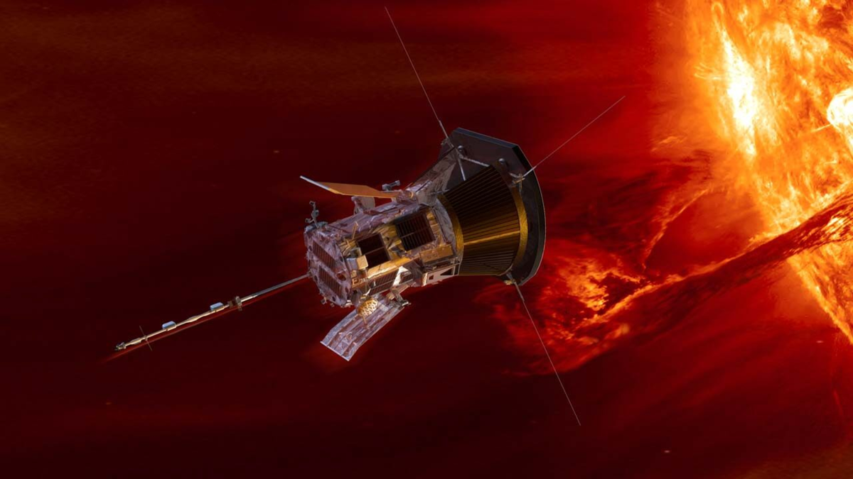 A spacecraft illustration. It is near the sun, which is blasting out a loop of fiery material.