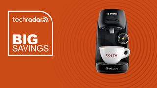 The Tassimo by Bosch Finesse on an orange background with text saying Big Savings.
