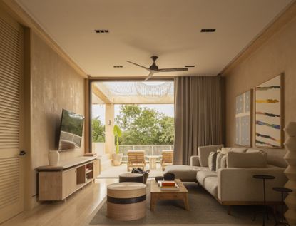 A living room painted in limewash paint