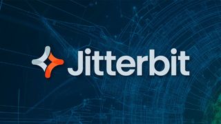 Jitterbit logo and branding pictured against a blue background.