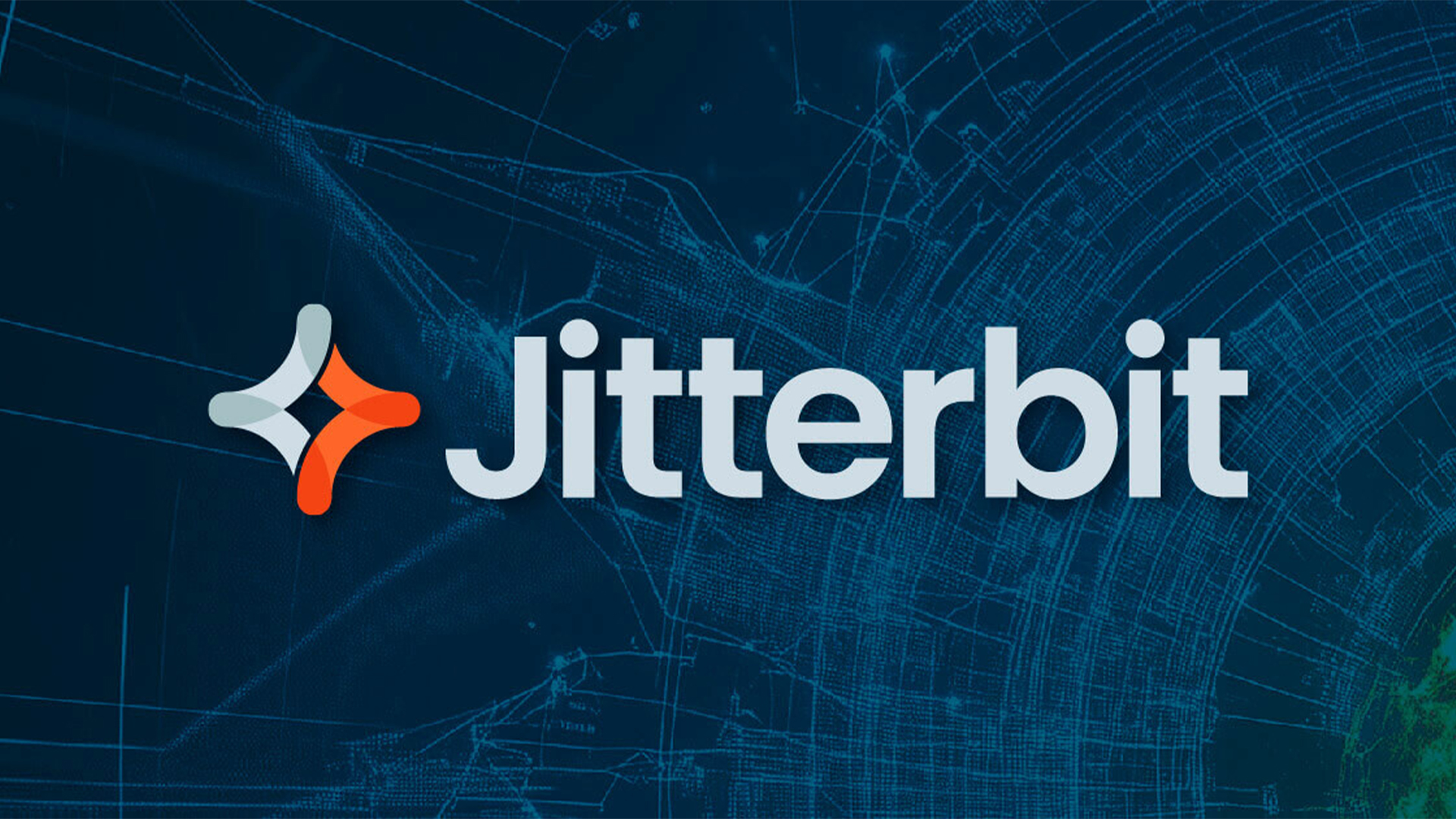 Jitterbit logo and branding pictured against a blue background.