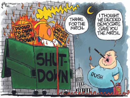 Political cartoon U.S. Trump dumpster fire government shutdown border wall funding Democrats Rush Limbaugh