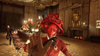 Dishonored screenshot which shows Corvo disrupting an elaborate party