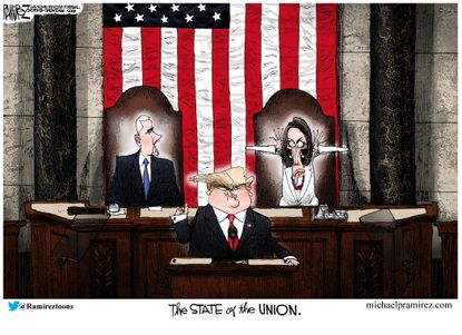 Political Cartoon U.S. Trump Pelosi Pence State of the union meeting