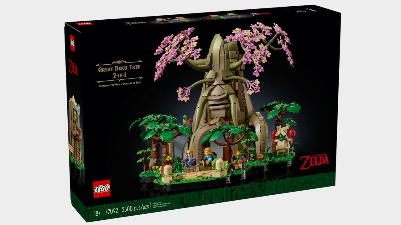 Lego Great Deku Tree set and box against a plain background
