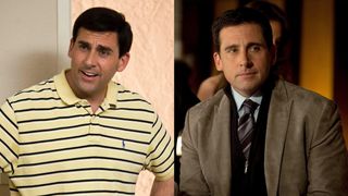 two stills of steve carrell in crazy stupid love before his makeover wearing a polo and after in a suede jacket