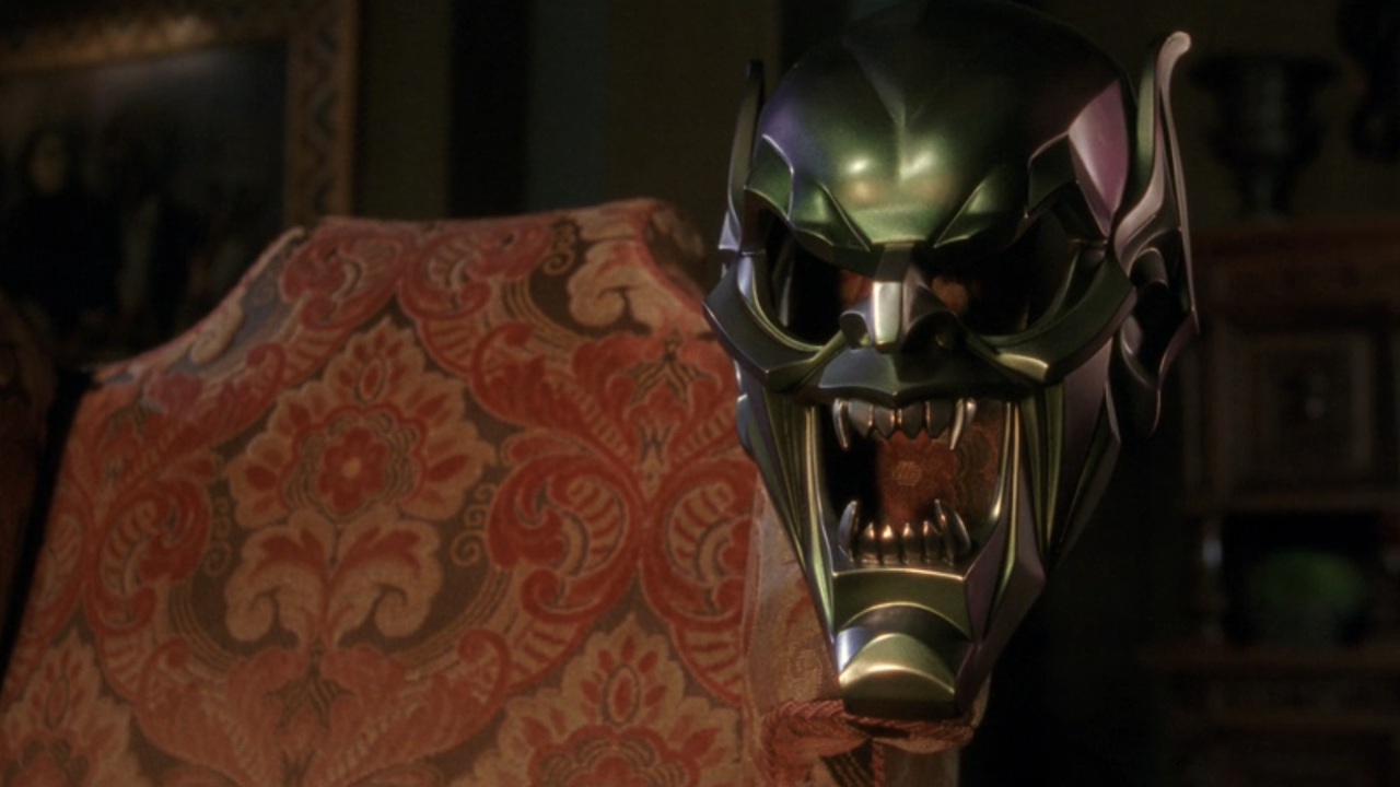 Green Goblin mask on chair in Spider-Man