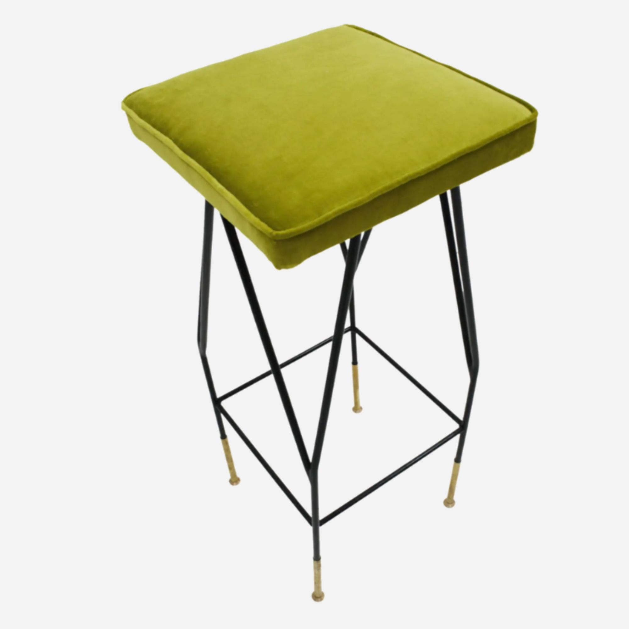 Italian Mid-Century Modern Square Black Lacquered Iron Lime Cotton Velvet Stool