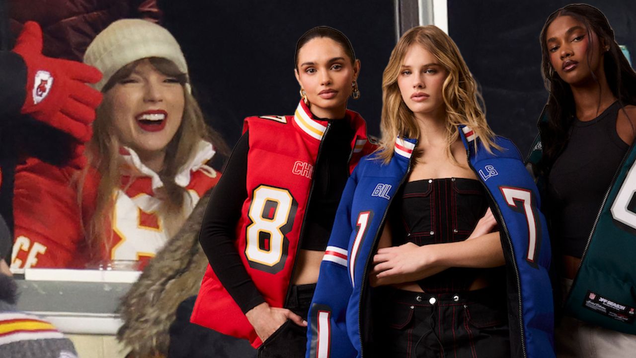 Taylor Swift in a collage for the launch of the brand off season with three models wearing custom NFL coats