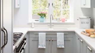 Kitchen sink in front of a window with surrounding empty countertop space to avoid a common kitchen design mistake of forgetting surface space