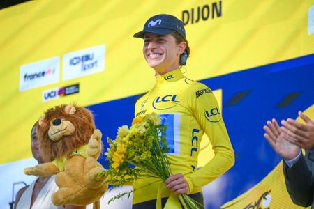 DIJON, FRANCE - AUGUST 04: Marlen Reusser of Switzerland and Team Movistar celebrates at podium as Yellow Leader Jersey winner during the 5th Tour de France Femmes 2026, Stage 4 a 21km individual time trial stage from Gevrey-Chambertin to Dijon / #UCIWWT / on August 04, 2026 in Dijon, France. (Photo by Alex Broadway/Getty Images)