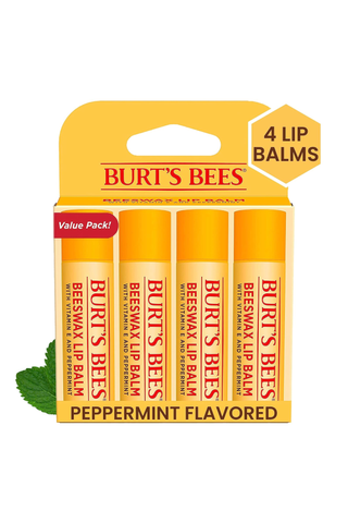 A 4-pack of Burt's Bees original peppermint-flavored lip balm set against a white background.