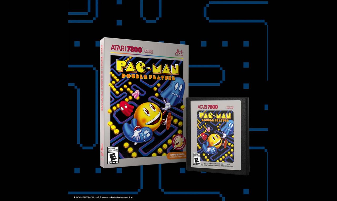 Pac-Man 7800 double feature cartridge and box with maze backdrop.