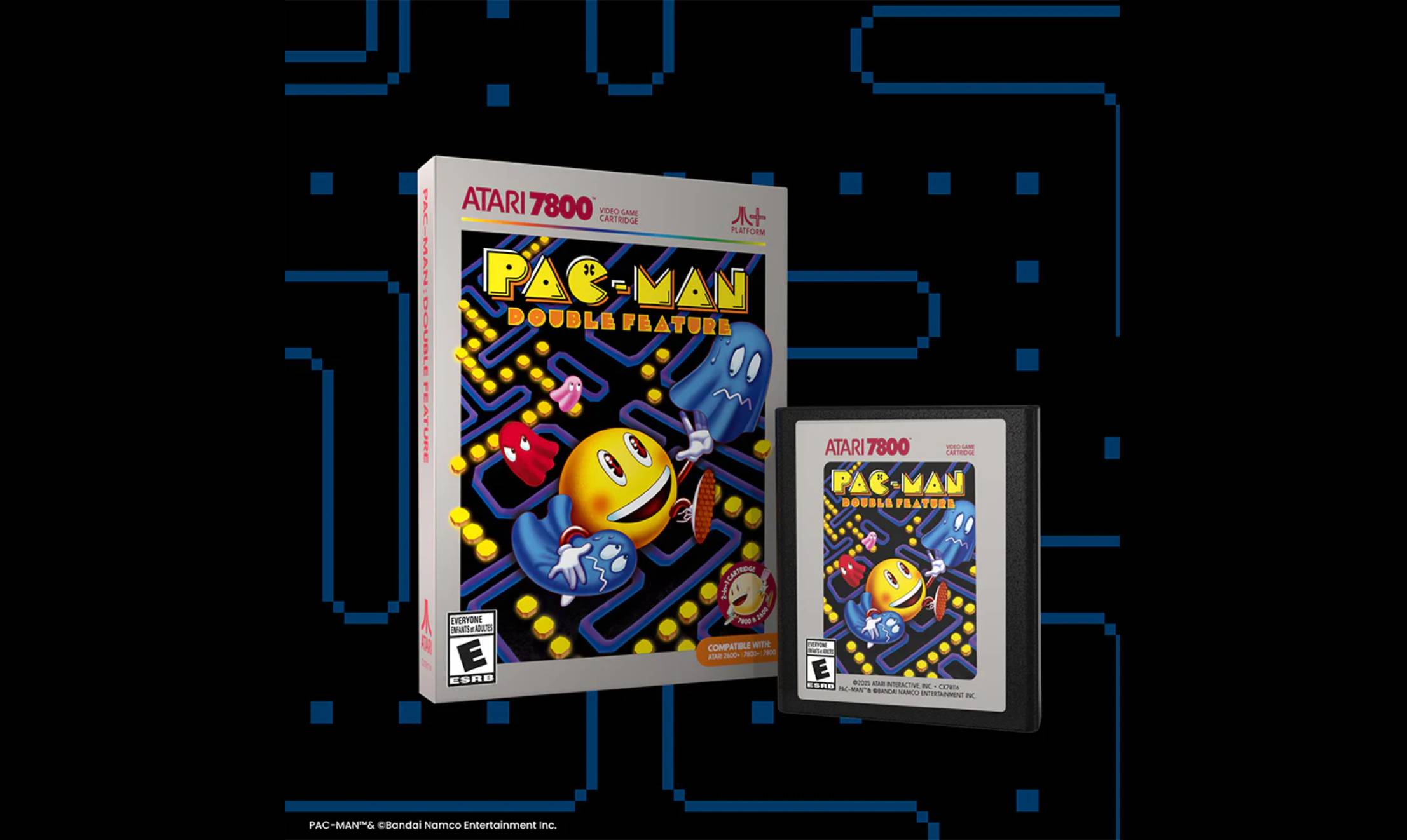 Pac-Man 7800 double feature cartridge and box with maze backdrop.