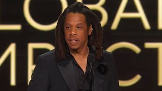 Jay-Z making an acceptance speech at 2024 Grammys