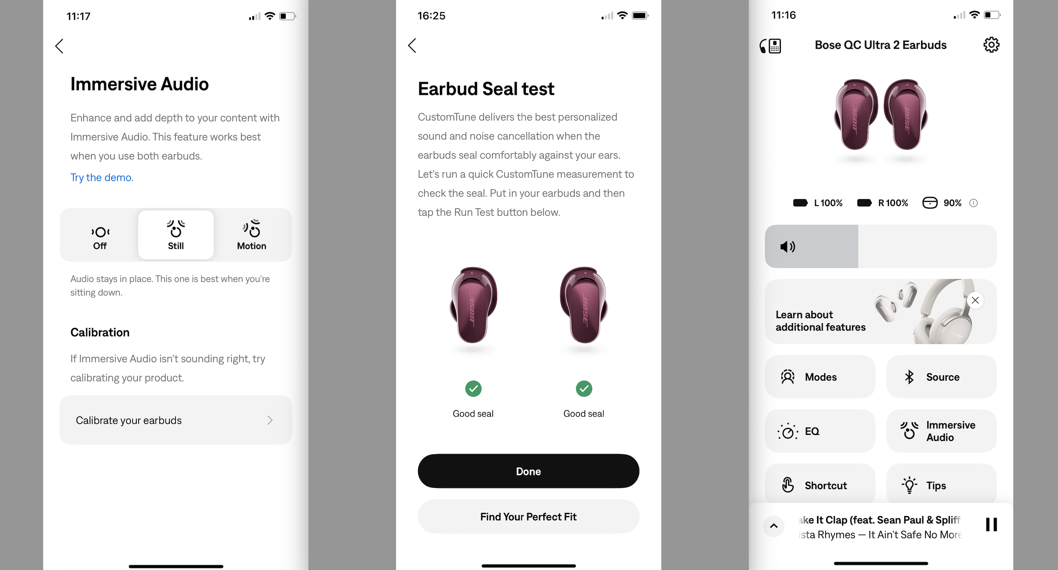 Three screengrabs from the Bose app, using the QuietComfort Ultra Earbuds 2nd Gen