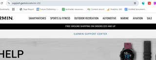 Garmin Support front page and URL