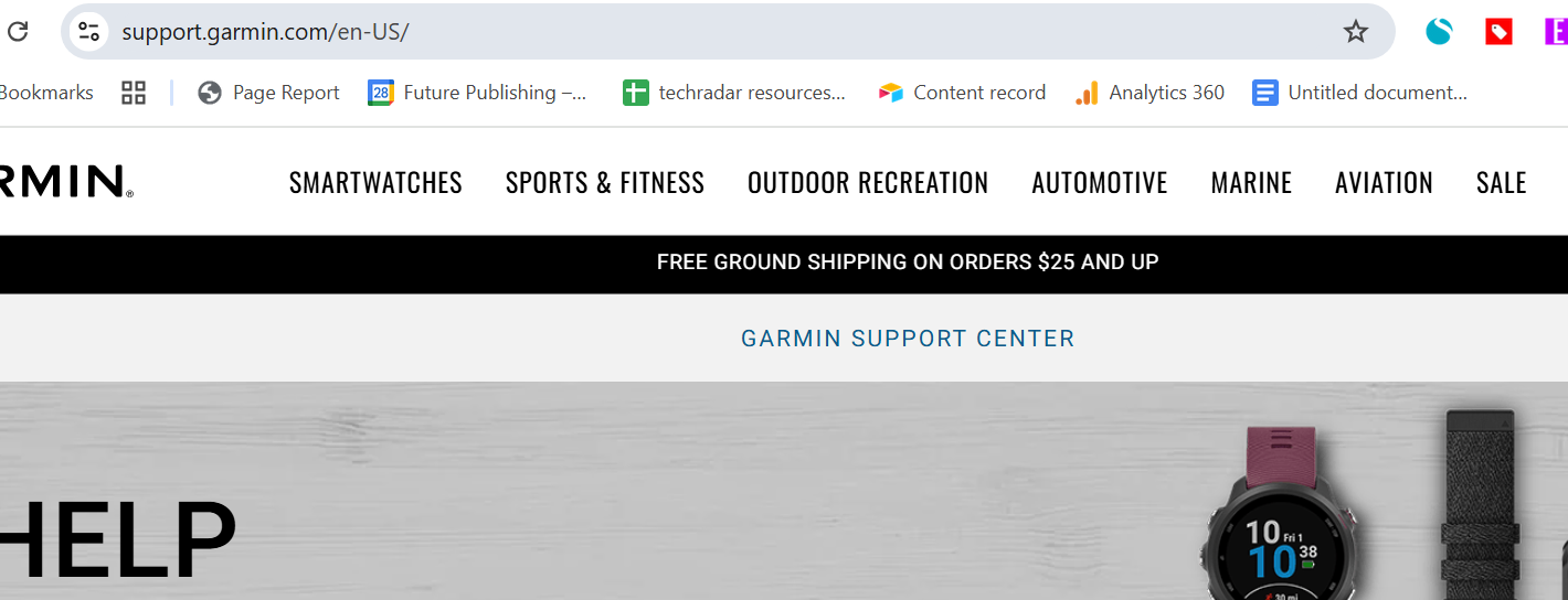 Garmin Support front page and URL