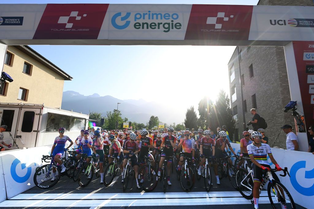VADUZ SWITZERLAND JUNE 18 Elisa Balsamo of Italy and Team Trek Segafredo and The Peloton prior to the 2nd Tour de Suisse Women 2022 Stage 1 a 46km stage from Vaduz to Vaduz ourdesuisse2022 on June 18 2022 in Vaduz Switzerland Photo by Tim de WaeleGetty Images