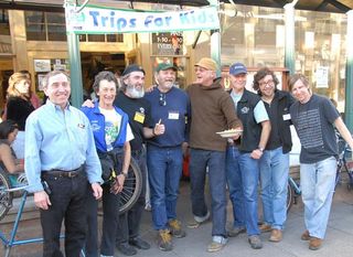 Mountain bike pioneers and Trips for Kids supporters gather at a past Brews, Bikes and Bucks party.