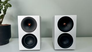 Cambridge L/R S active stereo speaker system, with a silver finish, on a white surface.