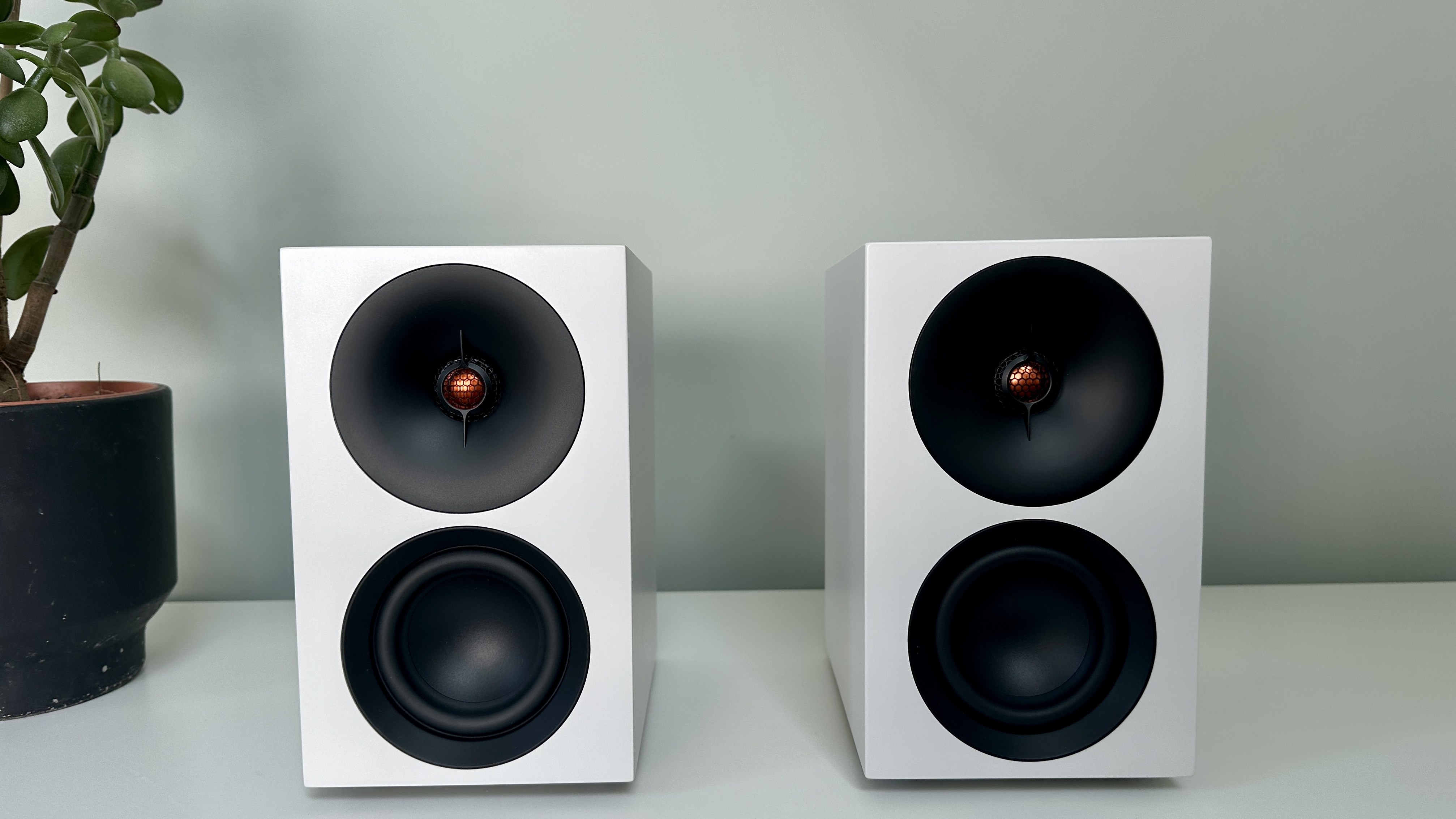 Cambridge L/R S active stereo speaker system, with a silver finish, on a white surface.