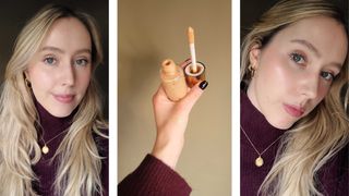 On the left, a picture of Digital Beauty Writer, Naomi Jamieson wearing the Charlotte Tilbury Flawless Filter on her skin, alongside an up-close picture of her holding the product and showing a swatch on her hand, in front of a green background and on the right, a close-up of Naomi's skin to show the radiant effect the Flawless Filter has given