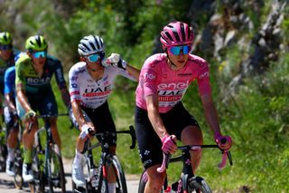 Pink jersey Team UAE's Slovenian rider Tadej Pogacar rides with teammates during the 10th stage of the 107th Giro d'Italia cycling race, 142km between Pompei and Cusano Mutri (Bocca della Selva), on May 14, 2024. (Photo by Luca Bettini / AFP)
