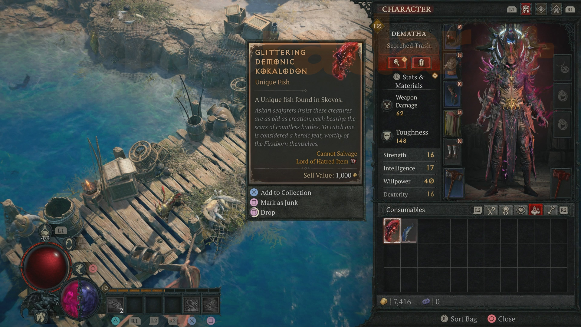 Catches from Diablo 4 fishing in your Consumables menu