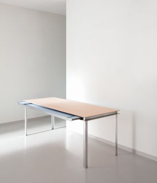 Light leather and satin-polished steel ‘Landscape' desk with thin drawer against a light coloured background