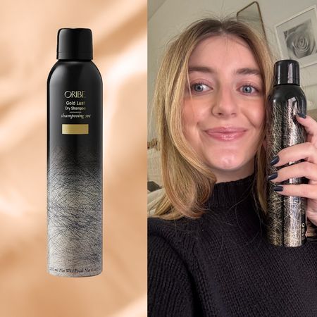 samantha holender holding up oribe dry shampoo on a cream background next to other dry shampoo products