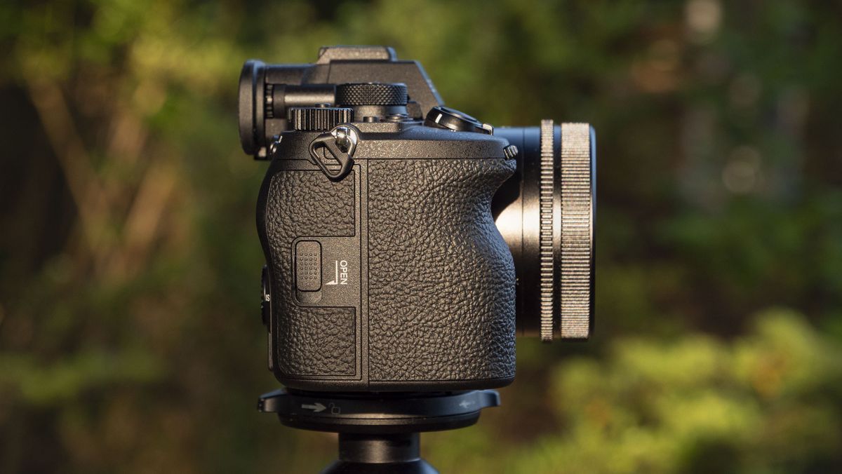 Side profile of the Sony A7R VI camera's grip, it's mounted to a tripod outdoors, there's a natural background