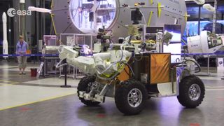 A rover controlled by German astronaut Alexander Gerst on the International Space Station takes a test drive around the European Space Agency's ESTEC Center (European Space Research and Technology) in Noordwijk, the Netherlands.