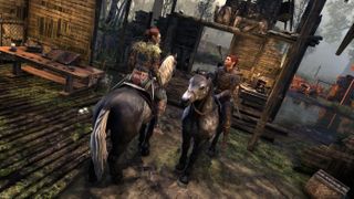 Two Elder Scrolls adventurers talk on horseback.