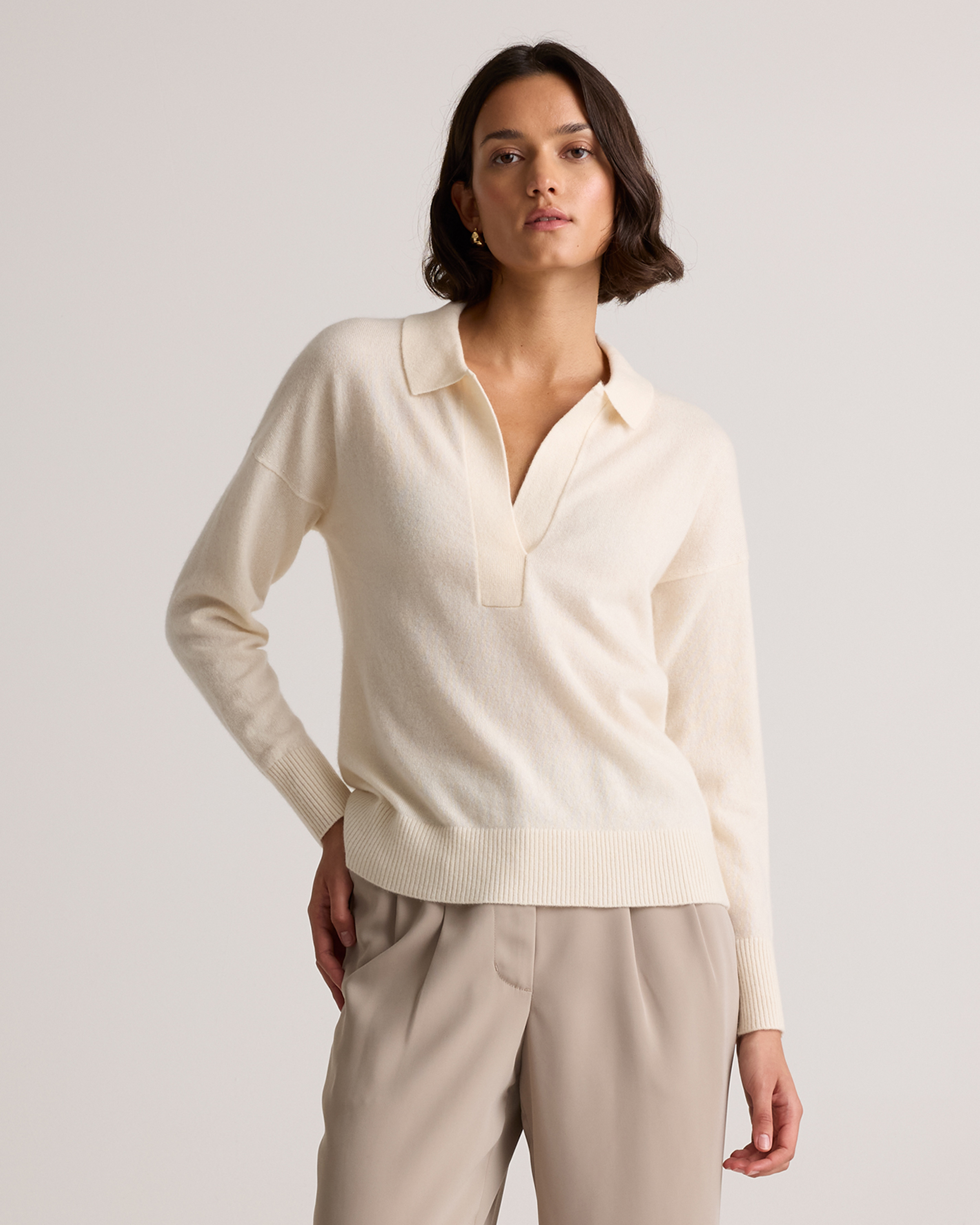 Mongolian Cashmere Polo Sweater in Ivory