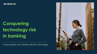 A whitepaper from ServiceNow covering ways banking leaders can transform technology risk into advantage with image of female working stood outside high rise buildings, looking at a smartphone