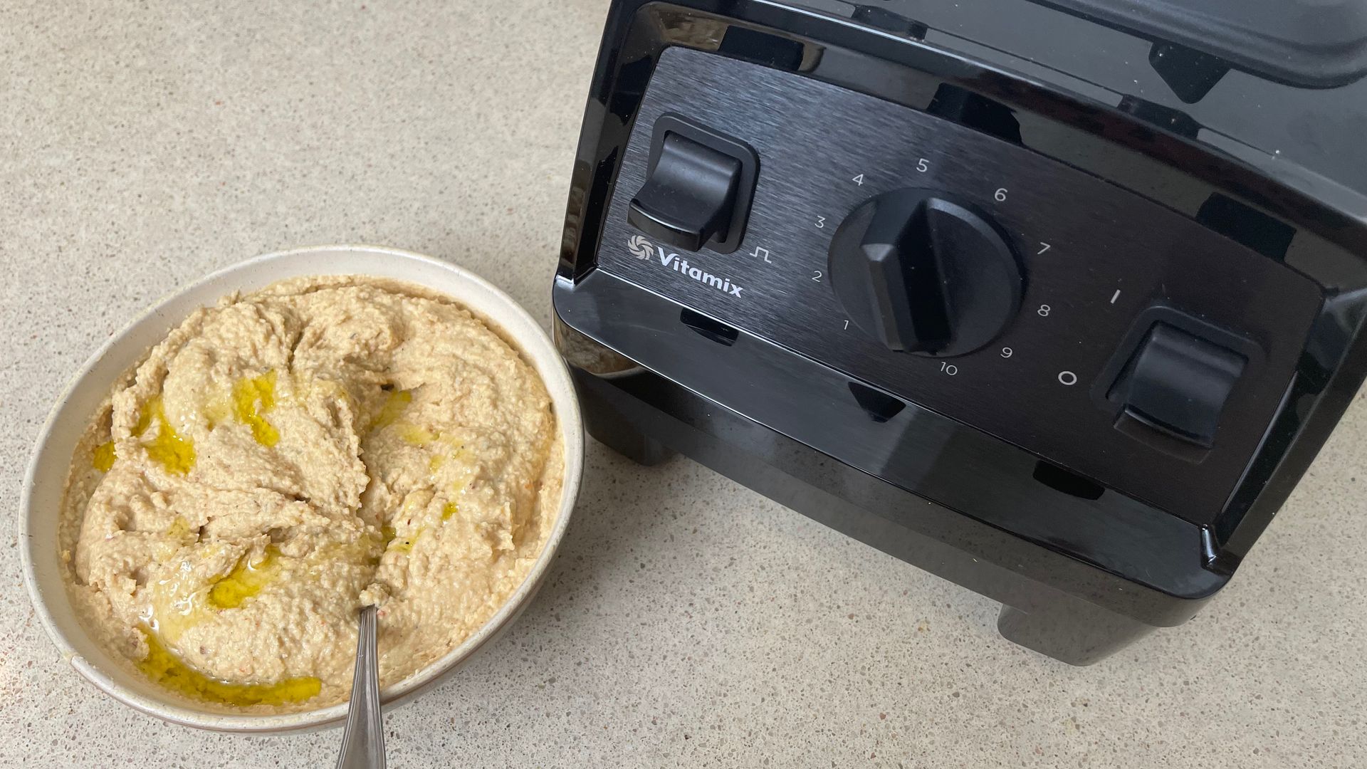 Hummus made in the Vitamix E310 Explorian