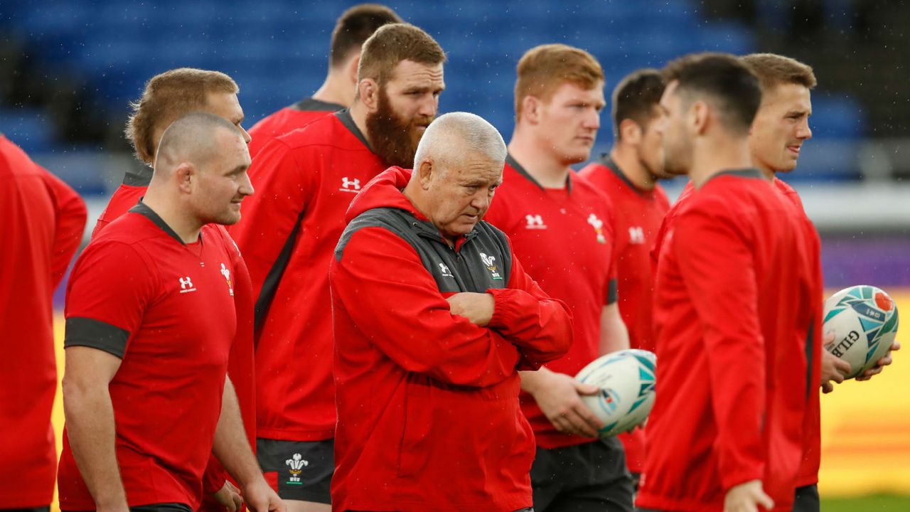 Wales head coach Warren Gatland oversees training at the International Stadium in Yokohama