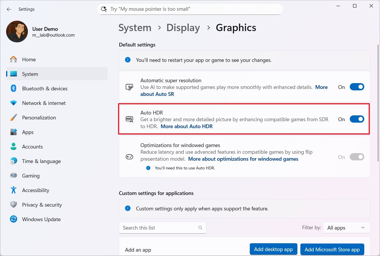 Windows 11 Auto HDR enabled