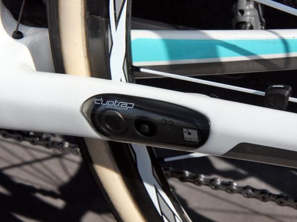 Bontrager's DuoTrap wireless speed and cadence sensor inserts into a special pocket in the non-driveside chain stay of Fabian Cancellara's Leopark Trek Madone 6-Series.