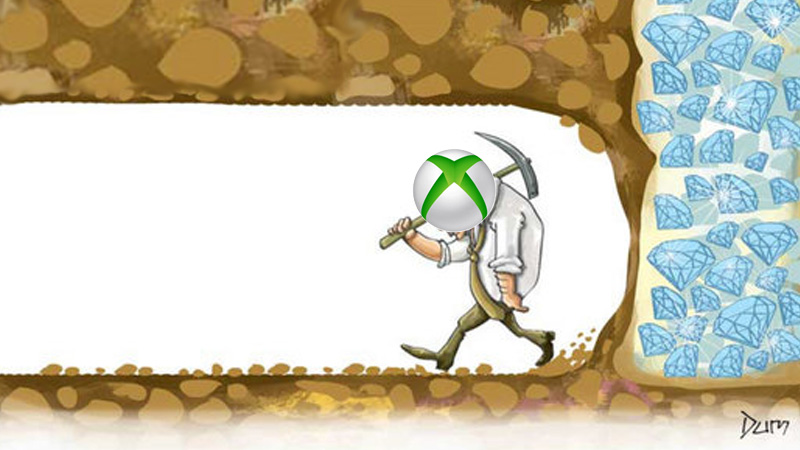 Meme showing Xbox man giving up on mining right before hitting diamonds